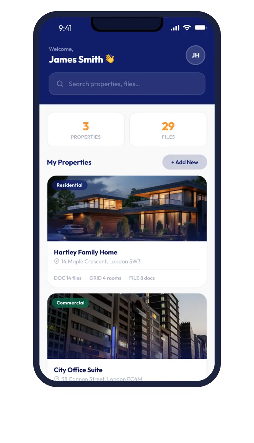 House Records app dashboard showing properties and files